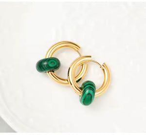 Boho Opal Huggie Earrings in Gold Plated Stainless Steel – Black, Green & White Gemstone Minimalist Hoop Set