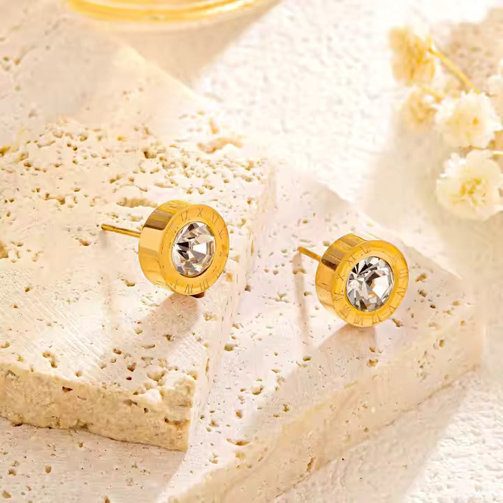 Roman Numeral Stud Earrings with CZ Center, Stainless Steel, Hypoallergenic, Gold, Silver & Rose Gold for Women & Men