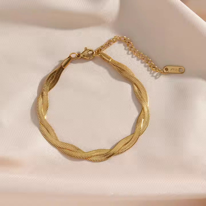 Twisted Herringbone Gold Bracelet – Stainless Steel, Bold & Elegant Everyday Jewelry, Minimalist Style