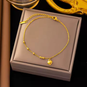 Gold Plated Stainless Steel Tiny Heart Beaded Anklet – Delicate Summer Charm Chain for Casual & Beach Style