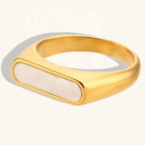 Gold Plated Oval Statement Ring – Stainless Steel Classic Band with Mother of Pearl or Black Onyx Inlay