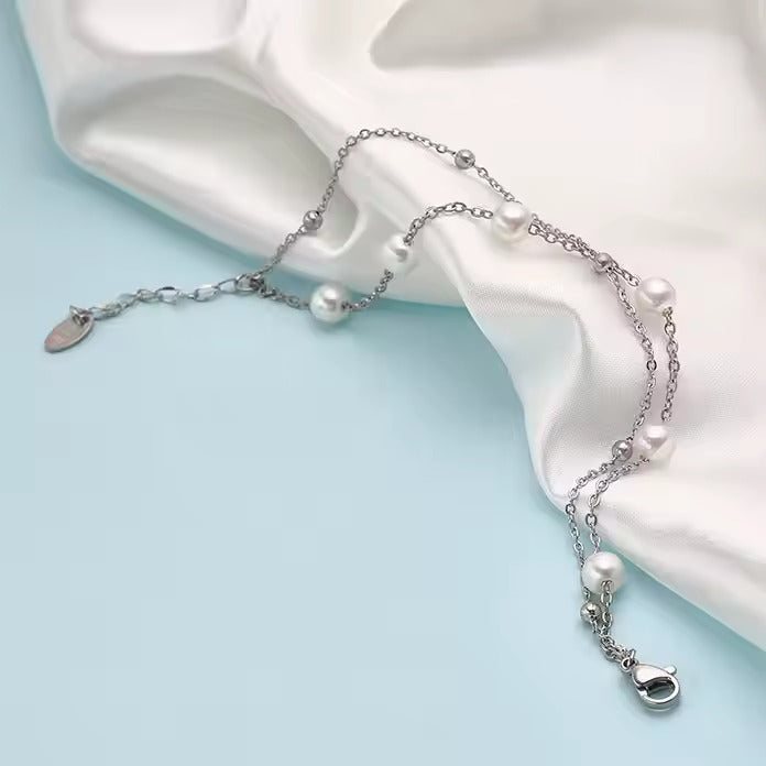 Dainty Pearl Beaded Chain Bracelet, Double Layer Stainless Steel in Gold or Silver, Adjustable Fit