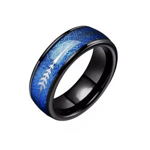 8mm Black Tungsten Carbide Ring with Red or Blue Meteorite Inlay and Deer Arrow Design – Hunter Wedding Band