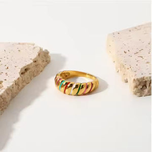 Colorful Enamel Croissant Dome Ring – 18K Gold Plated Stainless Steel, Bold Chunky Band, Modern Statement Jewelry