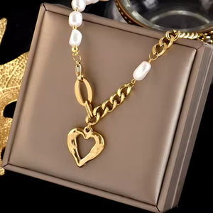 Gold Plated Stainless Steel Linked Pearl Chain Necklace with Heart Pendant – Boho Style Statement Jewelry for Women