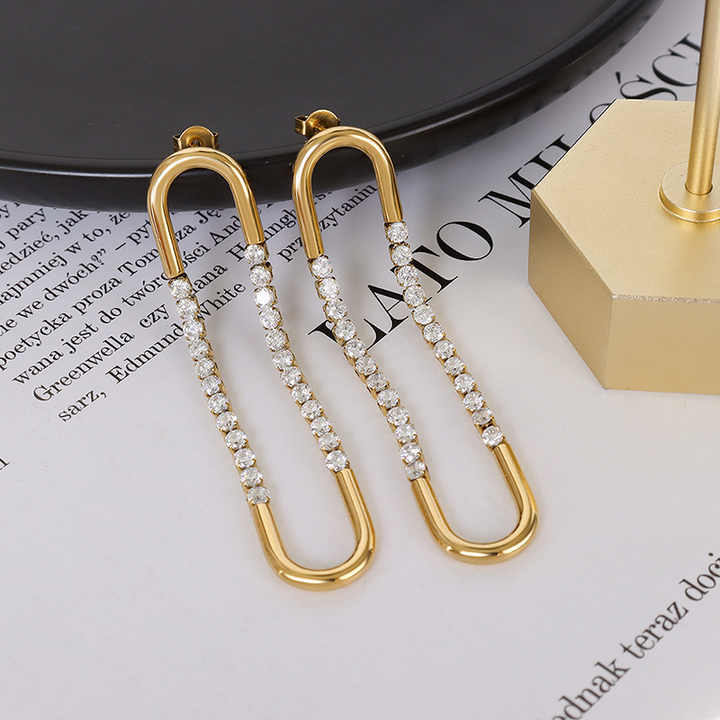 18K Gold Plated U-Shape CZ Drop Stud Earrings for Women, Geometric Stainless Steel Minimalist Dangle Jewelry
