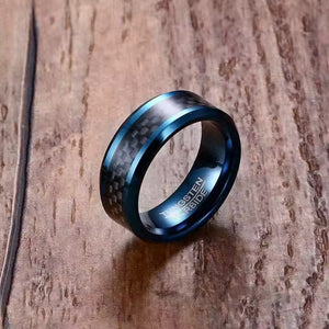 8mm Tungsten Carbide Ring for Men with Black Carbon Fiber Inlay – Available in Blue or Silver Finish – Wedding Band