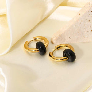 Boho Opal Huggie Earrings in Gold Plated Stainless Steel – Black, Green & White Gemstone Minimalist Hoop Set