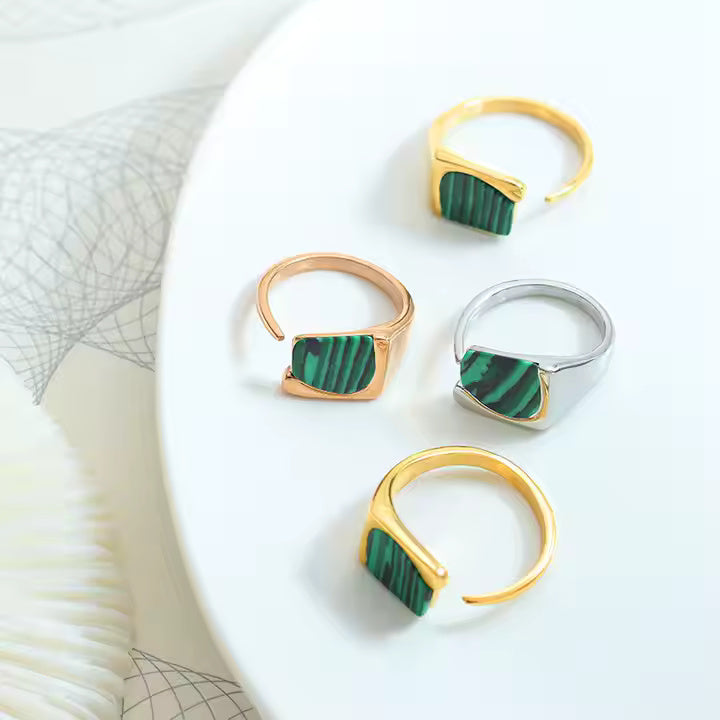 Adjustable Malachite Ring – Stainless Steel Statement Jewelry in Gold, Rose Gold, or Silver with Green Stone Accent