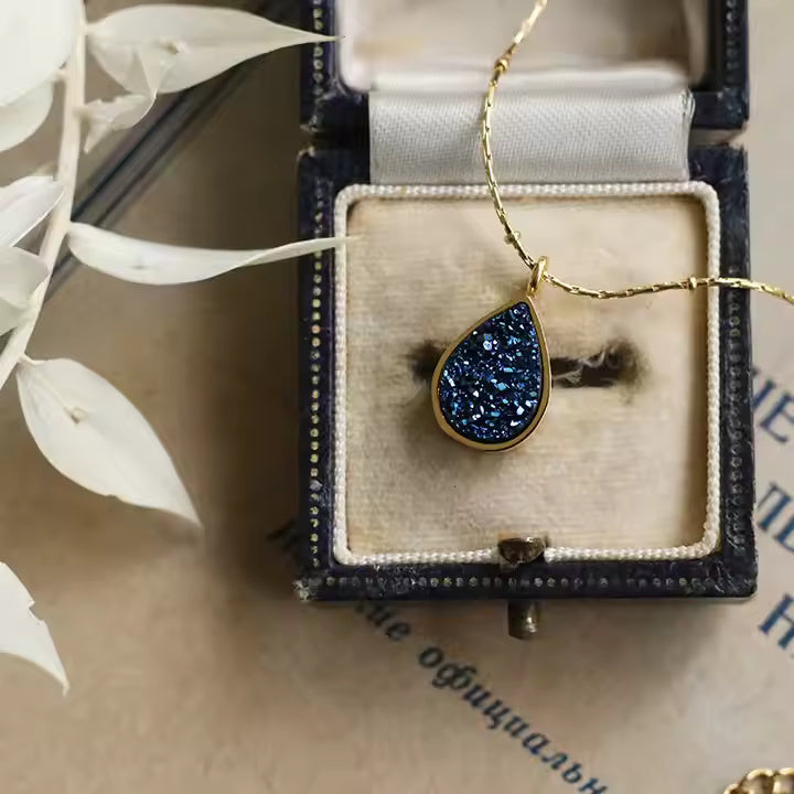 Teardrop Crushed Blue Crystal Necklace, Stainless Steel, Gold Plated Beaded Chain, Elegant Minimalist Jewelry