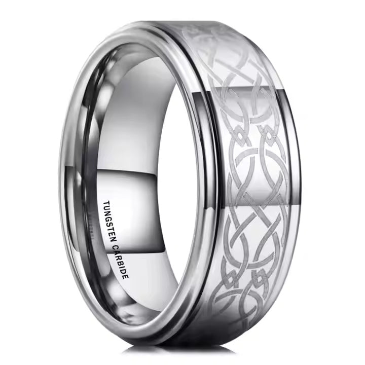 8mm Tungsten Carbide Wedding Band – Laser Engraved Celtic Knot Ring with Stepped Edges and Matte Brushed Finish