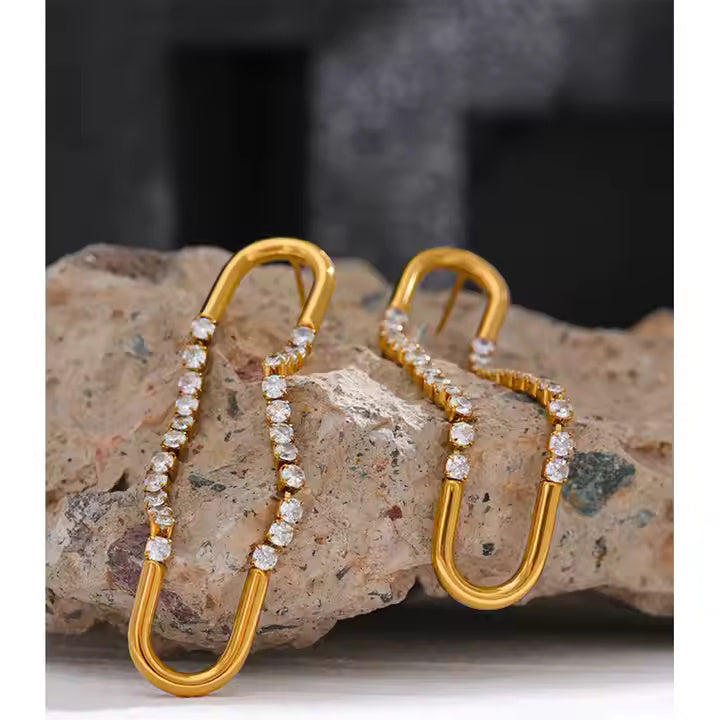 18K Gold Plated U-Shape CZ Drop Stud Earrings for Women, Geometric Stainless Steel Minimalist Dangle Jewelry