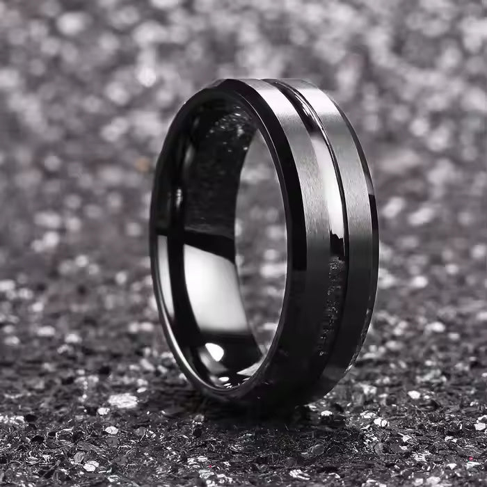 8mm Black Tungsten Carbide Wedding Band for Men – Center Groove Matte Finish Ring – Scratch Resistant Comfort Fit