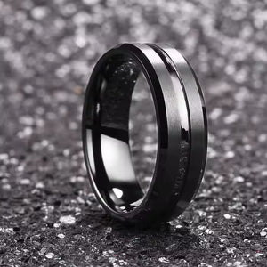 8mm Black Tungsten Carbide Wedding Band for Men – Center Groove Matte Finish Ring – Scratch Resistant Comfort Fit