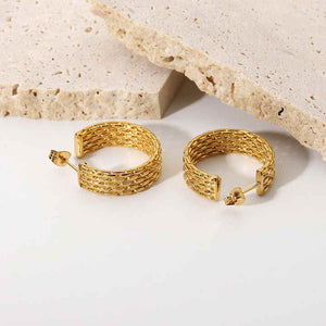Gold Plated Stainless Steel Chunky Twist Circle Earrings – Bold Stud Huggie Style with Statement CC-Inspired Design