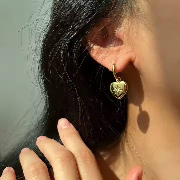 Gold Plated Stainless Steel Heart CZ Dangle Huggie Earrings for Women, Romantic Hoop Design with Sparkling Accent