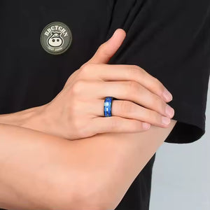 8mm Black Tungsten Carbide Ring with Red or Blue Meteorite Inlay and Deer Arrow Design – Hunter Wedding Band