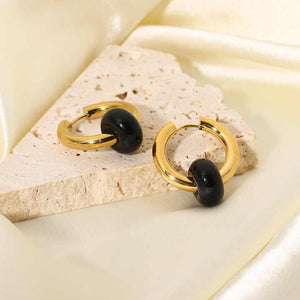 Boho Opal Huggie Earrings in Gold Plated Stainless Steel – Black, Green & White Gemstone Minimalist Hoop Set