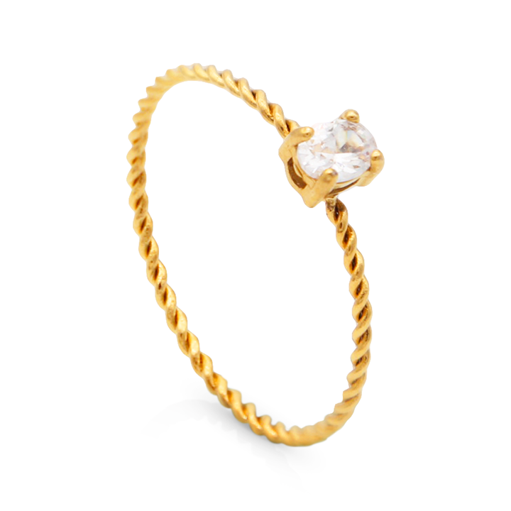 Solitaire Oval CZ Engagement Ring for Women, Thin Rope Chain Band, 18K Gold Plated Stainless Steel Wedding Ring