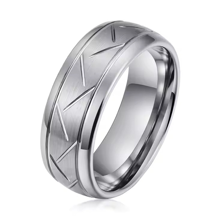 8mm Tungsten Carbide Wedding Band Ring – Domed Grooved Brushed Design – Comfort Fit for Men in Silver or Black