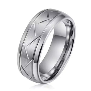 8mm Tungsten Carbide Wedding Band Ring – Domed Grooved Brushed Design – Comfort Fit for Men in Silver or Black