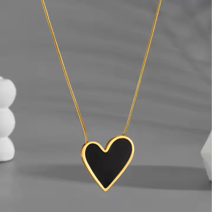 Black Mother of Pearl Heart Necklace, Stainless Steel, 18K Gold Plated, Dainty Minimalist Jewelry for Women