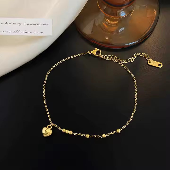 Gold Plated Stainless Steel Tiny Heart Beaded Anklet – Delicate Summer Charm Chain for Casual & Beach Style