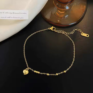 Gold Plated Stainless Steel Tiny Heart Beaded Anklet – Delicate Summer Charm Chain for Casual & Beach Style
