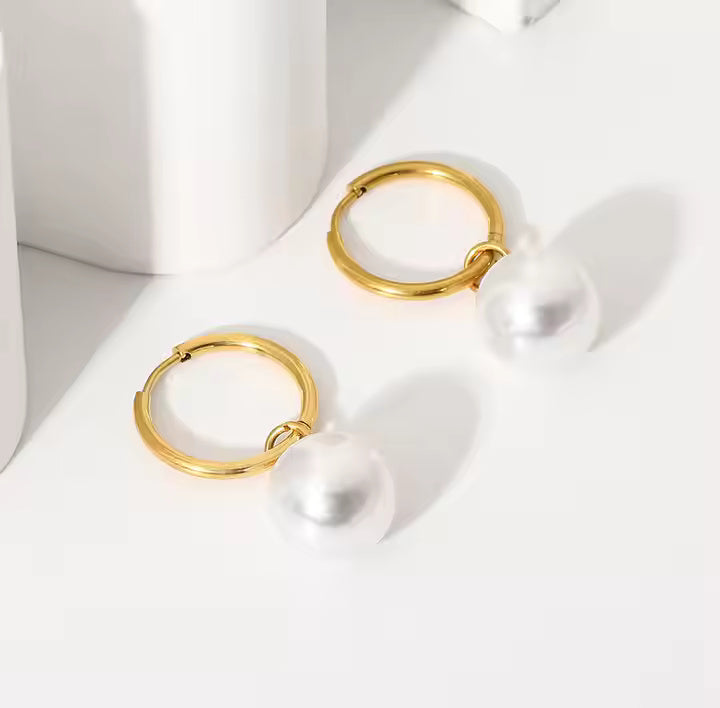 Gold Plated Stainless Steel Huggie Hoop Earrings with Drop Freshwater Pearl – Elegant Minimalist Dangle Style