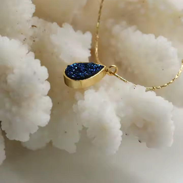 Teardrop Crushed Blue Crystal Necklace, Stainless Steel, Gold Plated Beaded Chain, Elegant Minimalist Jewelry