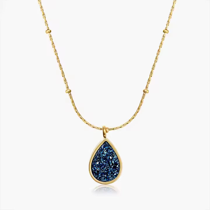 Teardrop Crushed Blue Crystal Necklace, Stainless Steel, Gold Plated Beaded Chain, Elegant Minimalist Jewelry