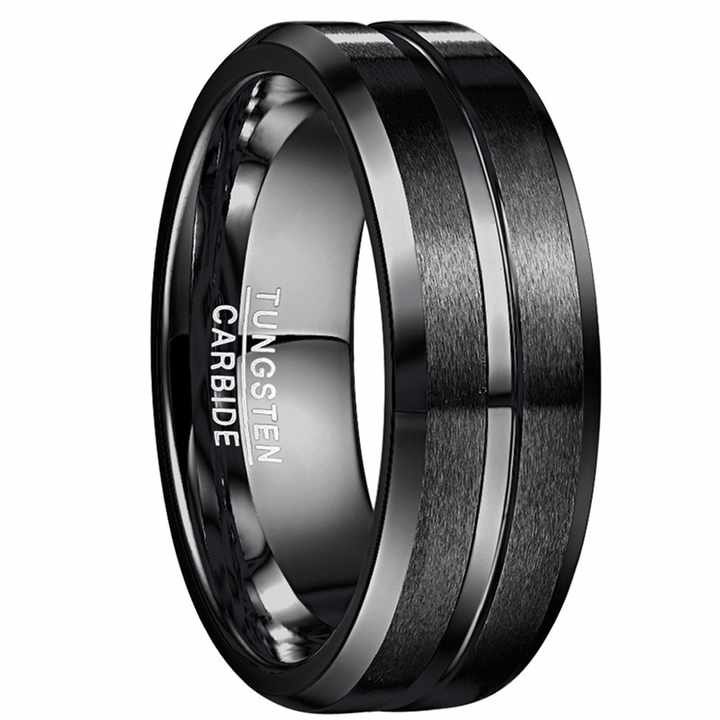 8mm Black Tungsten Carbide Wedding Band for Men – Center Groove Matte Finish Ring – Scratch Resistant Comfort Fit