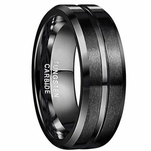 8mm Black Tungsten Carbide Wedding Band for Men – Center Groove Matte Finish Ring – Scratch Resistant Comfort Fit