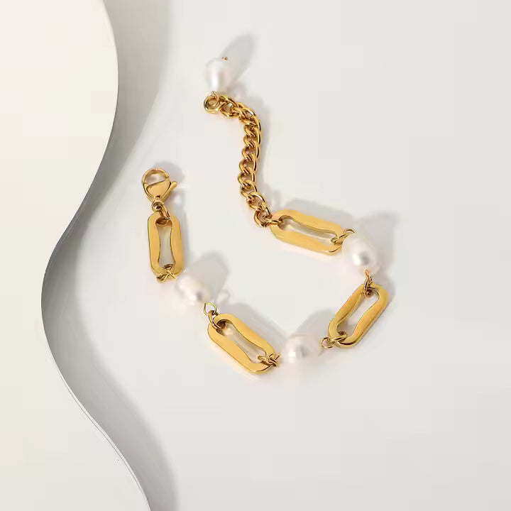 18K Gold Plated Stainless Steel Freshwater Pearl Bracelet – Chunky Gold Link Chain Minimalist Jewelry for Women