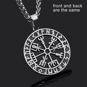 Men’s Viking Vegvisir Pendant Necklace – Stainless Steel Norse Compass in Runic Circle, Antique Silver Finish