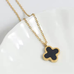 Gold Stainless Steel Clover Necklace – White, Pink & Black Crystal Charm – Dainty Pendant for Layered Looks