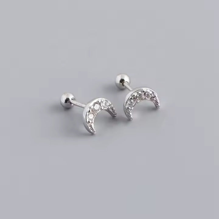 Dainty Stainless Steel Moon Stud Earrings for Women – CZ Crystals, Hypoallergenic, Available in Gold & Silver