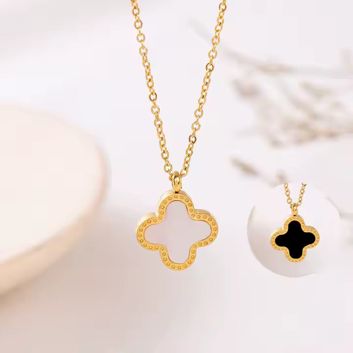 Gold Stainless Steel Clover Necklace – White, Pink & Black Crystal Charm – Dainty Pendant for Layered Looks