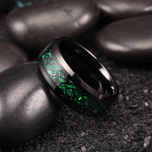 8mm Black Tungsten Carbide Wedding Band with Celtic Dragon Inlay – Red or Green Pattern – Unique Ring for Men, Comfort Fit