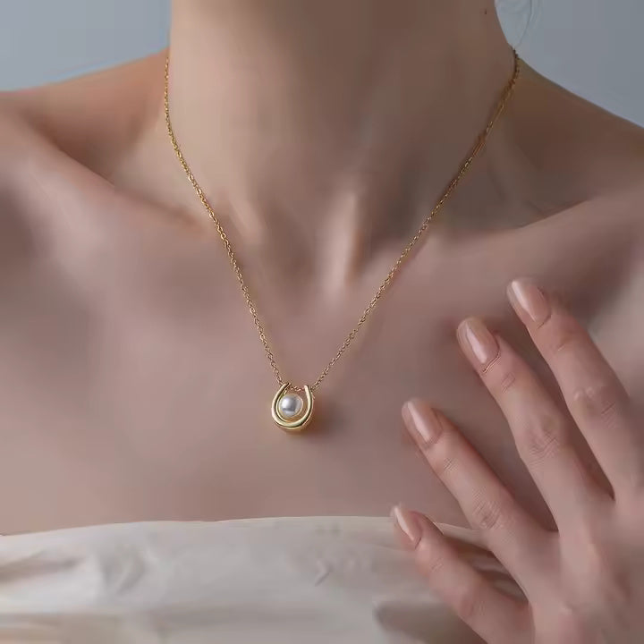 Gold Plated Stainless Steel Horseshoe Pendant Necklace with Pearl – U Shape Lucky Charm Minimalist Jewelry