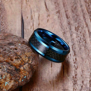 8mm Tungsten Carbide Ring for Men with Black Carbon Fiber Inlay – Available in Blue or Silver Finish – Wedding Band