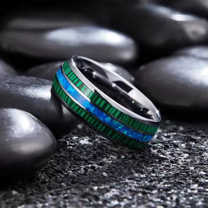8mm Silver Tungsten Carbide Ring with Green Malachite & Opal Inlay – Domed Unisex Wedding Band – Fashion Engagement Jewelry