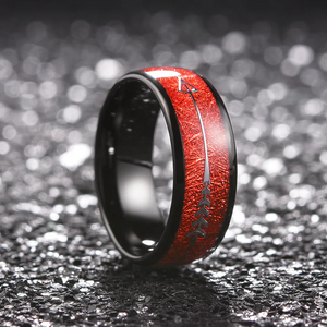 8mm Black Tungsten Carbide Ring with Red or Blue Meteorite Inlay and Deer Arrow Design – Hunter Wedding Band