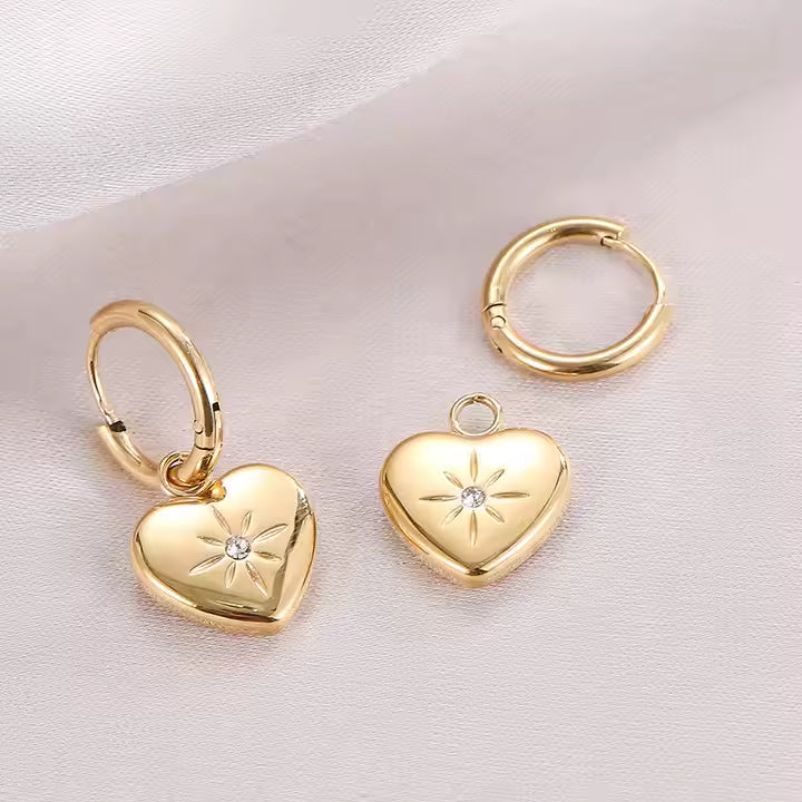 Gold Plated Stainless Steel Heart CZ Dangle Huggie Earrings for Women, Romantic Hoop Design with Sparkling Accent