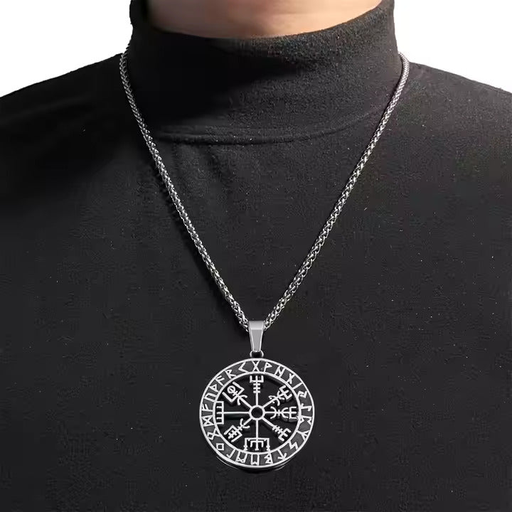 Men’s Viking Vegvisir Pendant Necklace – Stainless Steel Norse Compass in Runic Circle, Antique Silver Finish