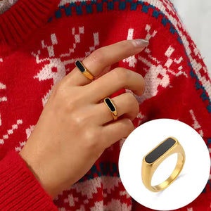 Gold Plated Oval Statement Ring – Stainless Steel Classic Band with Mother of Pearl or Black Onyx Inlay