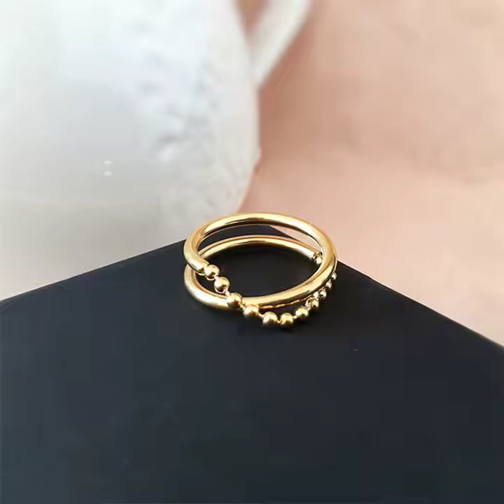 Double Layer Beaded Chain Ring – 18K Gold Plated Stainless Steel Statement Band with Minimalist Stacked Design