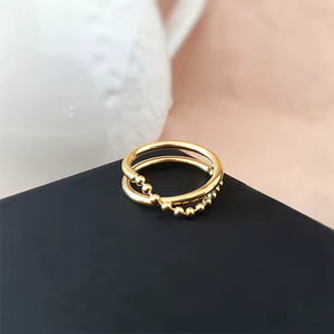 Double Layer Beaded Chain Ring – 18K Gold Plated Stainless Steel Statement Band with Minimalist Stacked Design