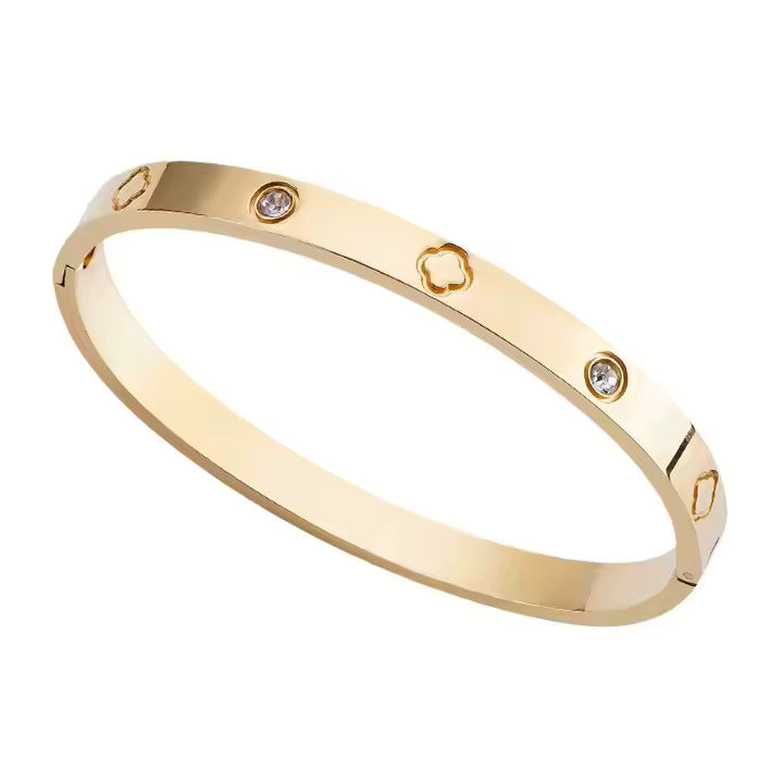 Clover Design CZ Bangle Bracelet, Stainless Steel with Cubic Zirconia, Gold, Silver & Rose Gold Colors Available