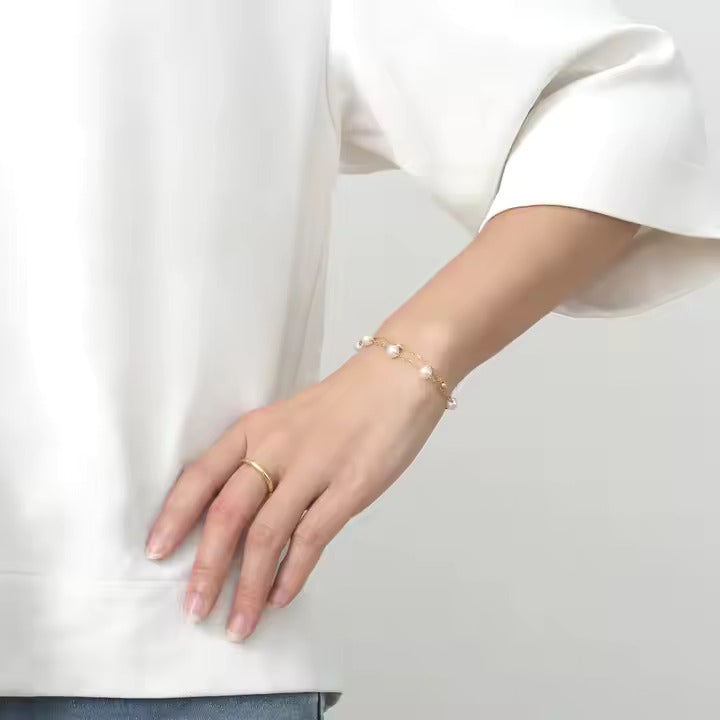 Dainty Pearl Beaded Chain Bracelet, Double Layer Stainless Steel in Gold or Silver, Adjustable Fit